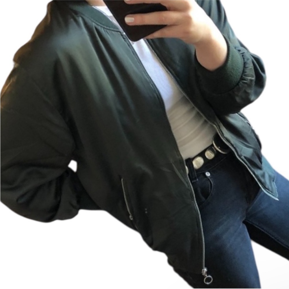 ZARA COLLECTION Green Silky Relaxed O-Ring Zipper Bomber Jacket Small |fits XS-M - Picture 12 of 16